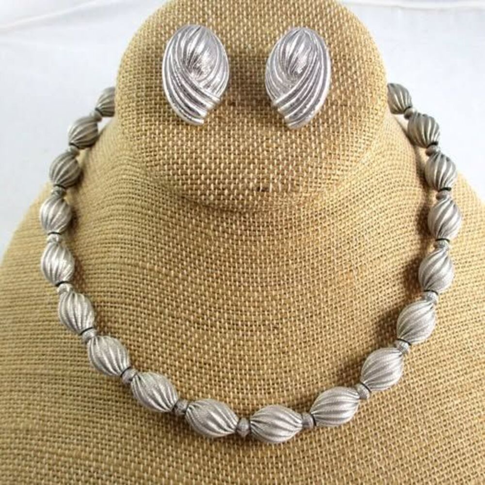 Monet Vintage Silver tone Ribbed Beaded Necklace Clip Earrings Set  Lot